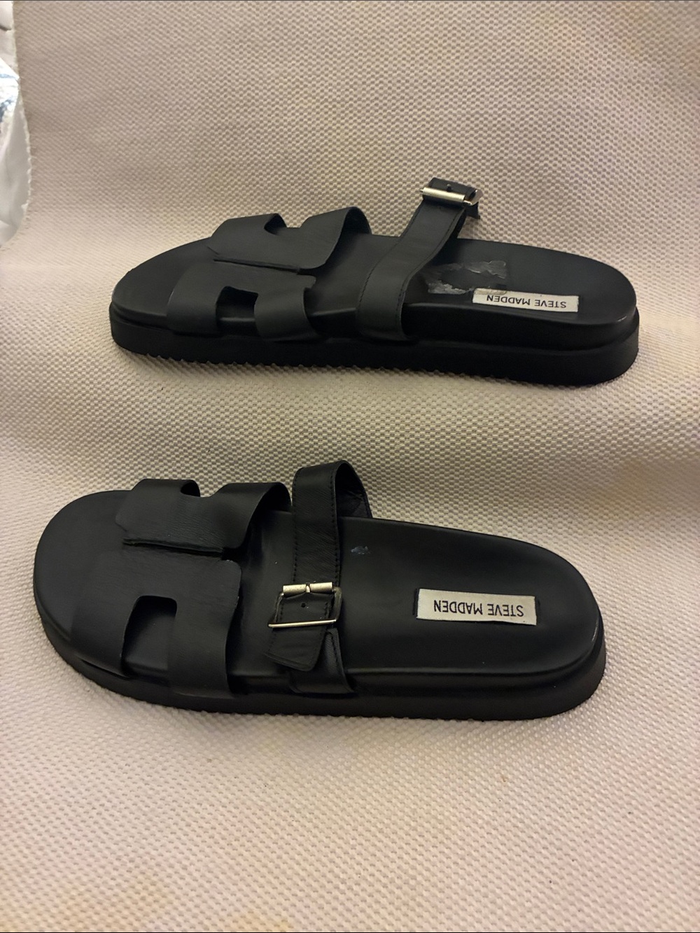 Steve Madden Women’s Black Leather Double-Strap Slide Sandals